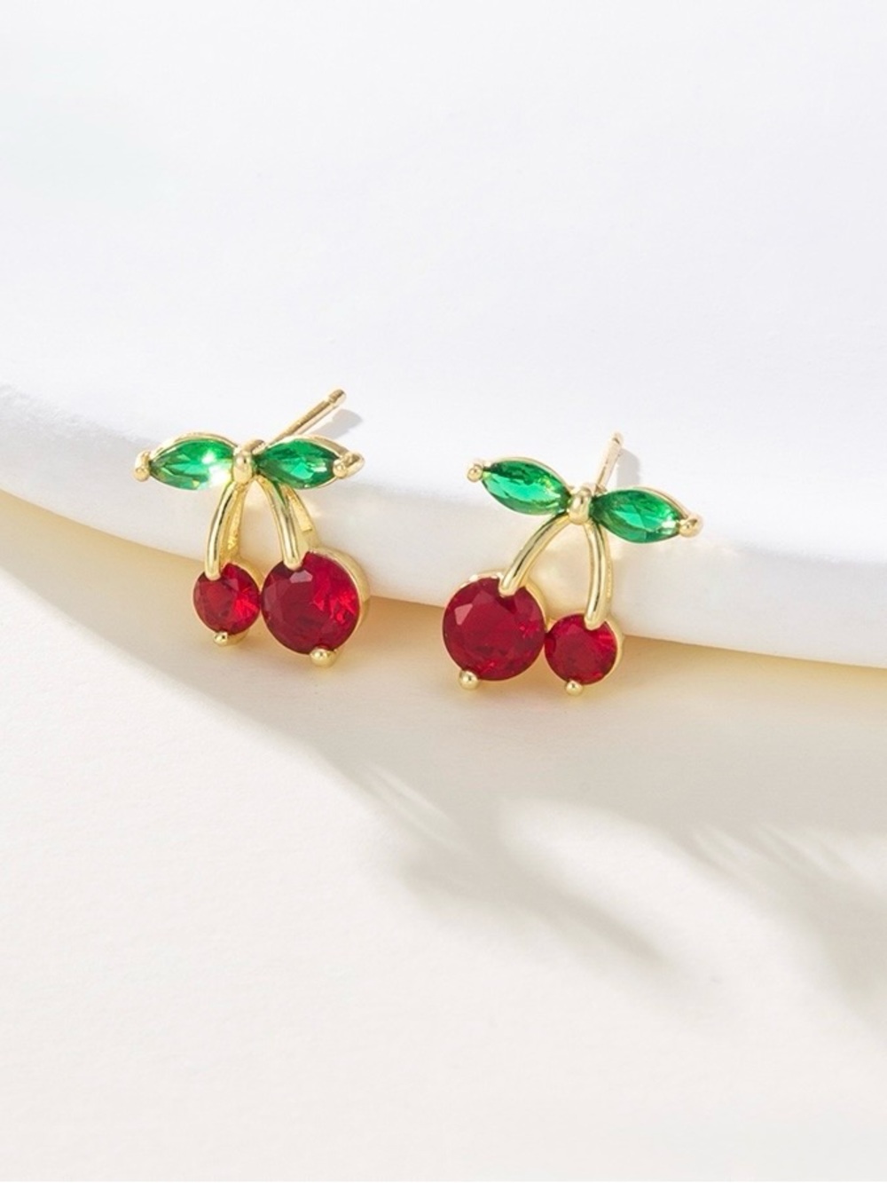 14k Gold-color earrings Cherry Crystal Stud Earrings in Red & Green